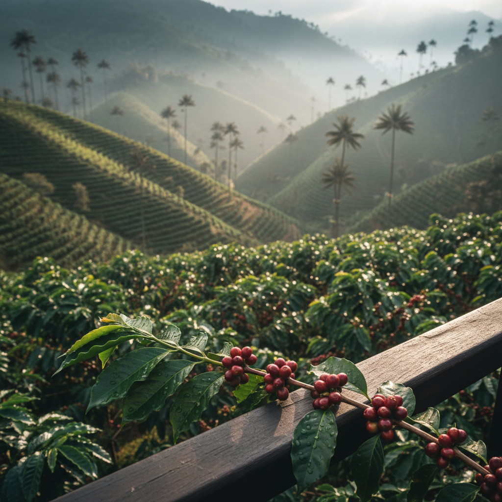 An intimate, photographic close-up of an artisanal coffee farm terrace in the Eje Cafetero: perfectly aligned rows of deep-green coffee plants with glossy leaves and clusters of ripe red cherries. In the foreground, a single branch with dewy cherries is in sharp focus, resting gently against a dark wooden railing with a smooth, weathered texture. Beyond, the valley descends into layers of misty green hills and iconic tall wax palms dissolving into soft haze. Early morning sunlight filters diagonally, creating a gentle glow on the leaves and delicate bokeh in the distance. Captured from a slightly elevated angle with a sophisticated, natural color palette, the mood is serene, exclusive, and contemplative, evoking a private, made-just-for-you immersion in coffee country.
